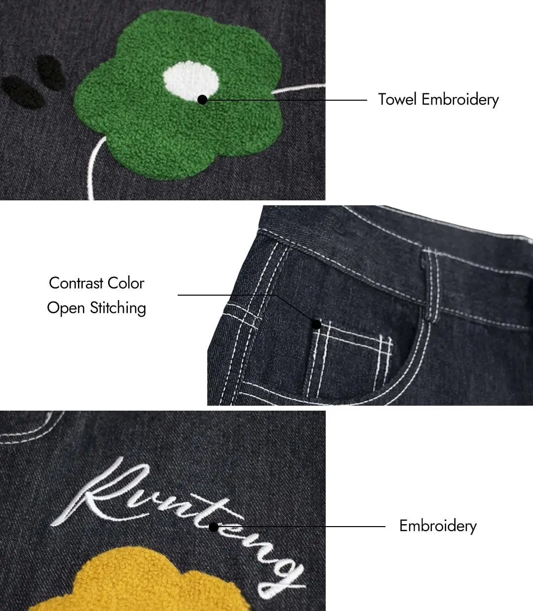 PANTALON LONG EN DENIM BRODÉ À JAMBE DROITE POUR TOUTES LES SAISONS