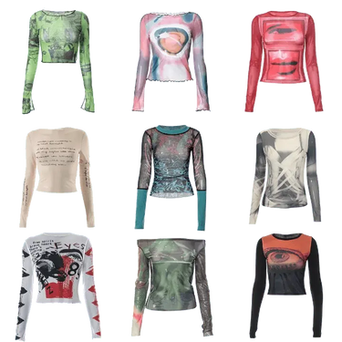 Graphic Print Long Sleeve Knit Patchwork Tops Vintage