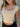 TAN RIBBED SQUARE-NECK TOP WITH SHORT SLEEVES IN APRICOT TONE